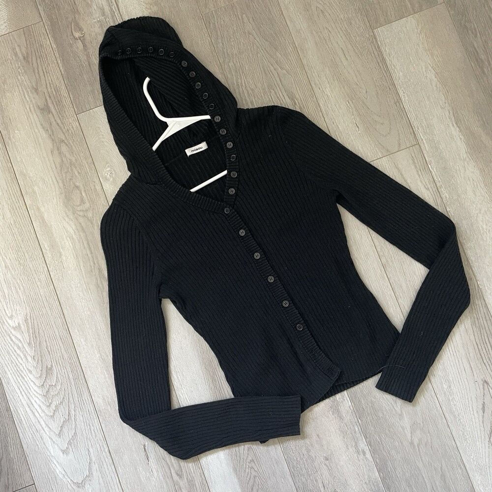 Miaou Hooded Sweater long sleeve button front womens Black (small) casual preppy